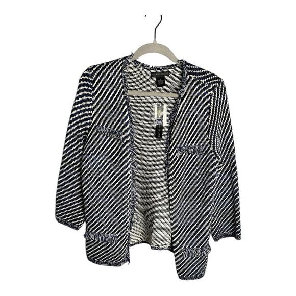 Preswick & Moore Blue and White Knit Open Cardigan Sweater Fringe Trim Size S - Picture 1 of 5